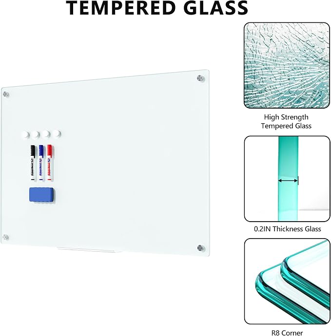 Magnetic Glass Whiteboard for Wall, 36" x 24" Large Dry Erase Board, Frameless Wall-Mounted White Board School, Classroom, Office & Home