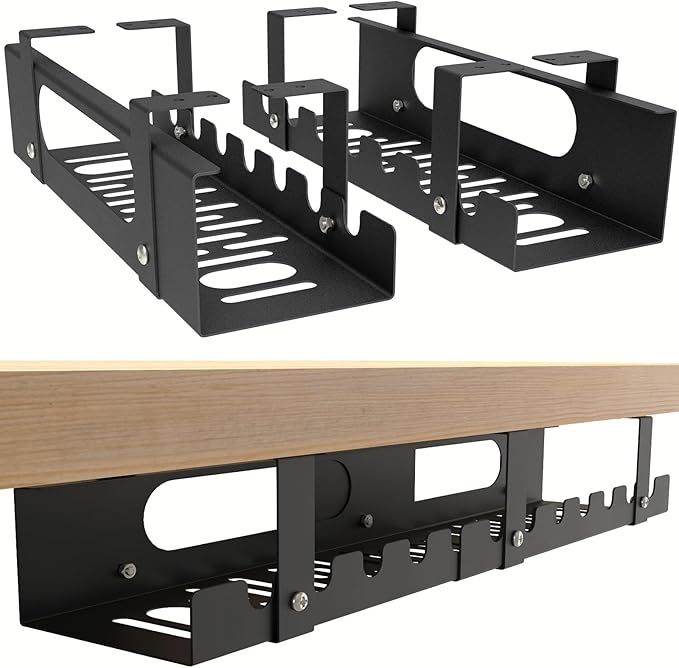 2 Pack Cable Management Under Desk Tray,Adjustable Length(15.7”-31.4”) | 2 in 1 Large Cord Organizer for Wire Management Tray,Under Table Cord Wire Organizer for Home ,Office,Computer Desk