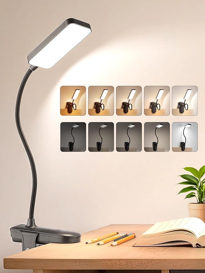 Clip on Lamp,45 Modes Dimmable LED Desk Lamp with Clamp,4000mAh Battery Rechargeable Table Lamp,450LM Cordless & Wireless Desk Light,Portable Book Reading Light,Small Desk Lamps for Home Office/Dorm