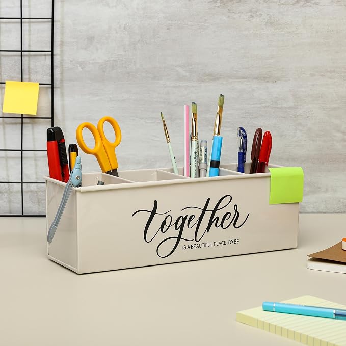 dudki Desk organizer with 4 compartments for office table | stylish Metal Desk Organizer | Stationary Storage | Pencil Holder for Office, Home, and Study Table (Together) Beige