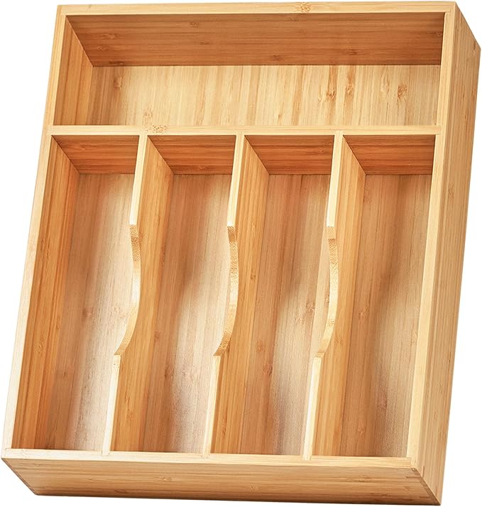 Bamboo Kitchen Drawer Organizer, 11 Inch Silverware Utensils Tray Holder with Grooved Dividers, 2.4" High Wood Caddy for Flatware Cutlery Knives