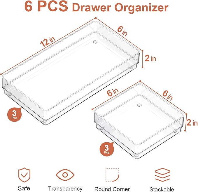 SMARTAKE 6 PCS Clear Plastic Kitchen Large Size Drawer Organizers Set | Non-Slip Desk Drawer Organizer, 2-Size Bathroom Vanity Drawer Organizer Trays for Makeup, Bedroom, Office, Kitchen Utensils