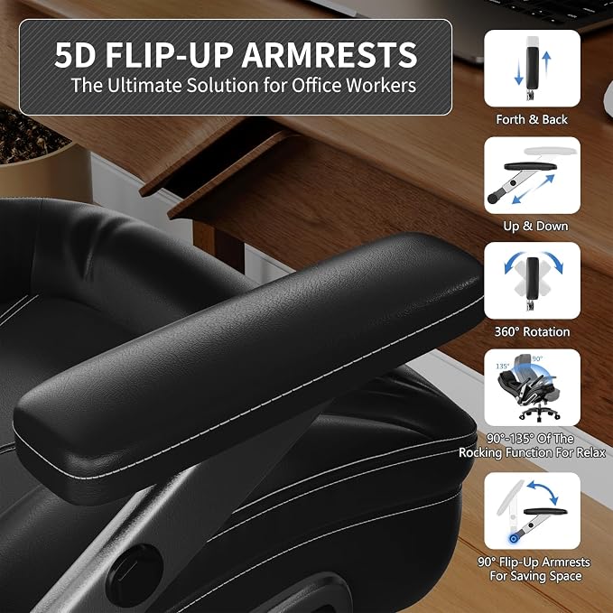 Big and Tall Office Chair, Heavy Duty Desk Chair with 5D Arms, Adjustable Lumbar Support & Height, Tilt Function, PU Leather High Back Ergonomic Executive Computer Chair