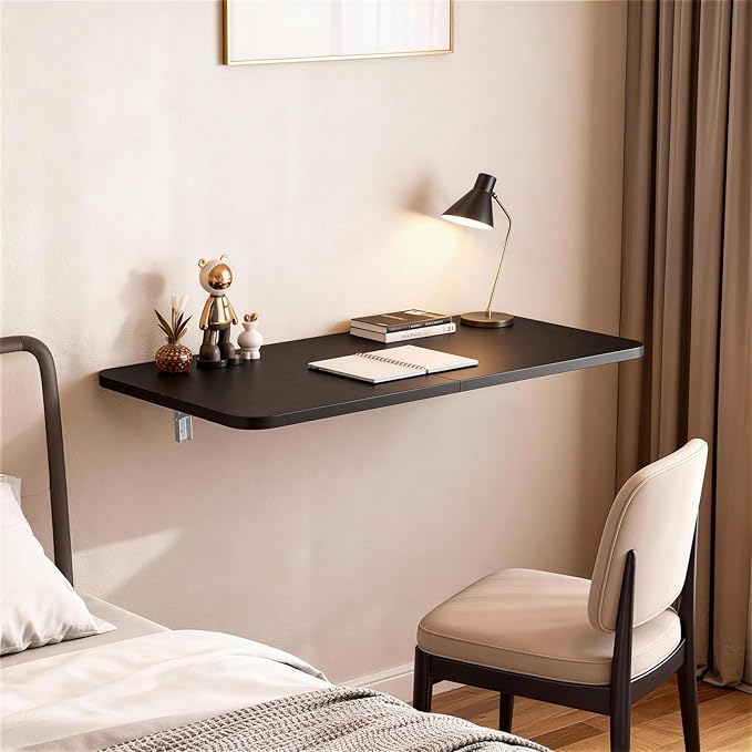 Wall Mounted Folding Desk 23.6” x 15.7”, Drop Down Table with Metal Collapsible Brackets, Folding Wall Table for Small Spaces, Home, Office, Kitchen, Laundry Room-Black