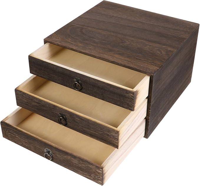 Cabilock Solid Wood Desktop Drawer Organizer Vintage Retro Desk Drawer Box with Pull Ring Counter Top for Office Supplies Home Desk Storage 10.03 X 9.64 X 6.49 Inches