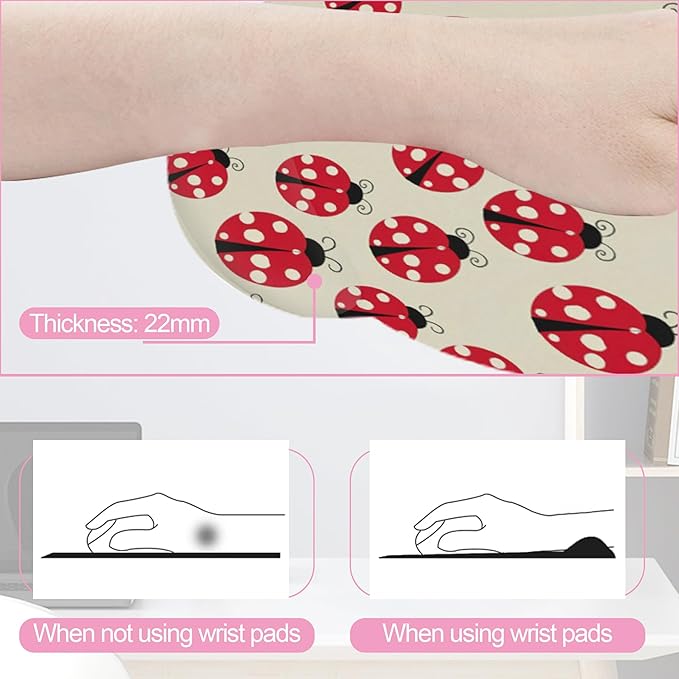 Cute Ladybug Mouse Pad with Wrist Rest Set, 3-in-1 Wrist Support Mousepad Set, Gaming Mat Pad with Anti-Skid Base,Ergonomic Memory Foam Mouse Pad Set for Women, Office, Typing, Gaming