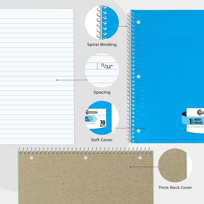 Rosmonde Spiral Notebooks, 24 Pack, 1 Subject Notebook, Wide Ruled, 70 Sheets, 8 x 10-1/2", 3 Hole Punched, Bulk Single Subject Spiral Notebook Bulk, School Supplies, Assorted Colors Pack of Notebooks