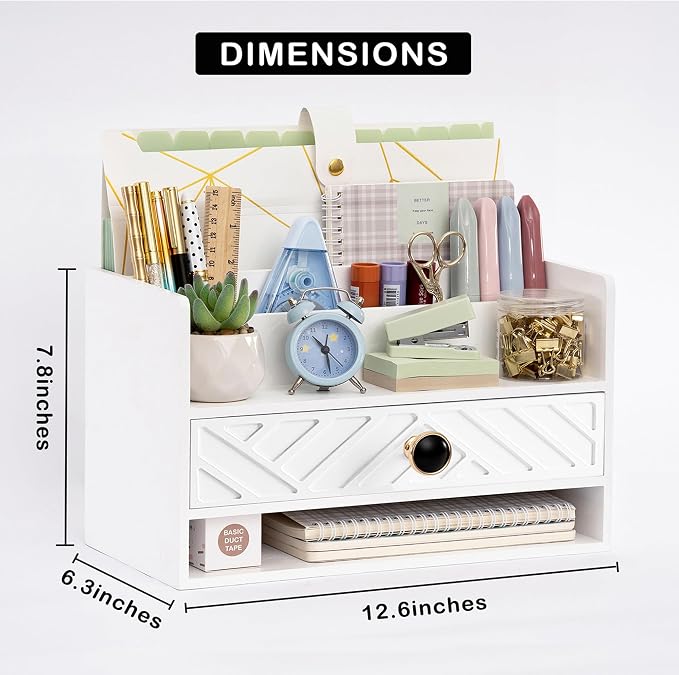 dreampossible white Wood Desk Organizer and Accessories with Drawer, Bill Mail Organizer and File Mail Holder for Office Supplies, Desk Accessories & Workspace Organizers for Desk Organization