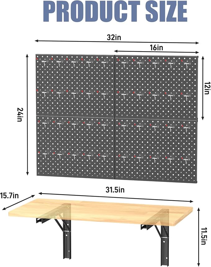 WALMANN Space Saving Wall Mounted Folding Workbench with Pegboard Kit, Heavy Duty Folding Wall Table/Desk for Garage, Workshop, Holds Up to 150 lbs(Tabletop Size: 31.5 x 15.75 in)