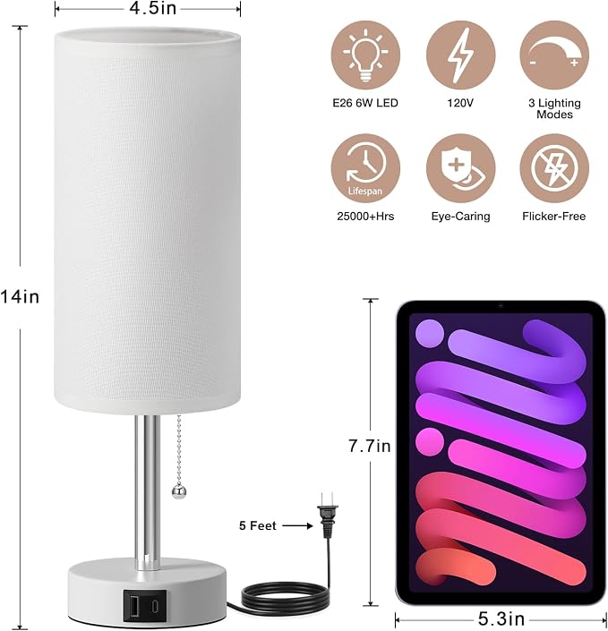 Dicoool Small Bedside Table lamp for Bedroom - 3 Color Modes, Desk Lamp with USB-C and USB-A Charging Ports, Pull Chain, Nightstand Light for Office, Kids Room, Dorm Lamp