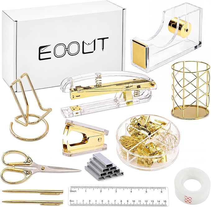 EOOUT Gold Office Supplies Set Desk Accessories, Acrylic Stapler Set Staple Remover, Phone Holder, Tape Holder, Pen Holder, 2 Ballpoint Pen, Scissor, Binder Clips, Ruler, Transparent Glue and Staples. | Clear Acrylic Desk Accessories, Organized Workspa...