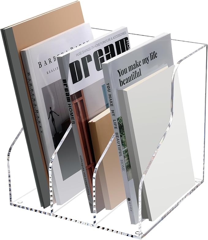 HeZone Desk File Organizer, Acrylic Magazine File Holder with 3 Vertical Compartments Rack File Sorter for Office Home Classroom Desk Organization, Clear…