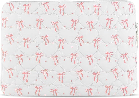Cute Bow Puffy Laptop Sleeve 13-15 Inch Cute Quilted Laptop Protective Case Padded Bow Computer Sleeve for MacBook