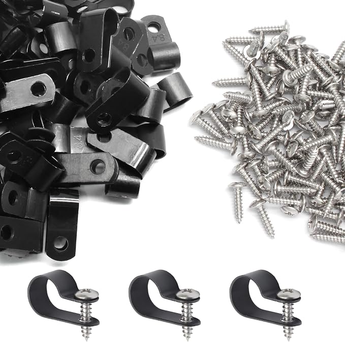 50 Pcs 1/2 Inch Black Nylon Cable Clip Wire Clamp | R-type, 13.2mm, Screw Mounting, Stainless Steel Screws Included, Wire Management