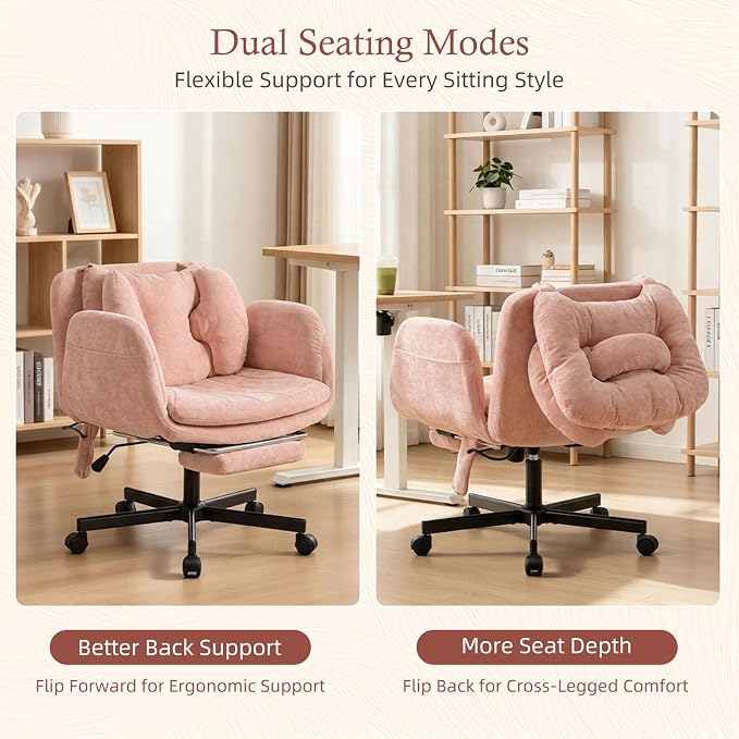 Criss Cross Office Chair with Footrest and 5-Gear Adjustable Arms, Pink | Wide seat cross-legged desk chair, flip lumbar pillow, airbag support, linen fabric, for home office, vanity and meditation