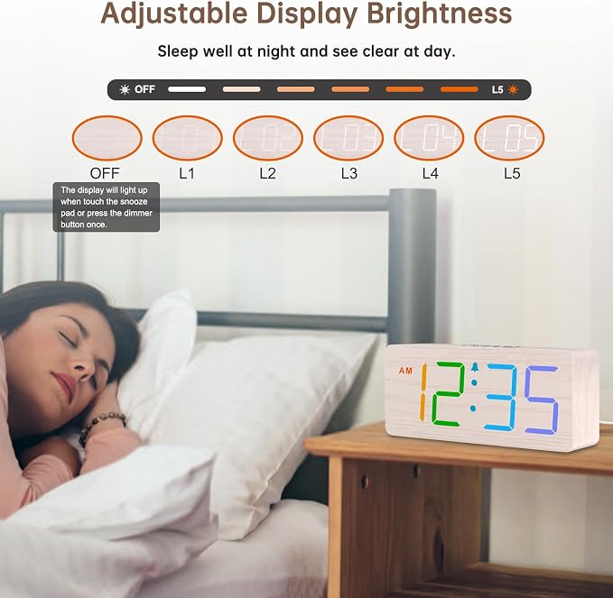 DreamSky Wooden Digital Alarm Clock for Bedroom, Living Room Desk | RGB Loud Alarm Clock for Heavy Sleepers with Volume Control, Large Numbers with Dimmer, Office Wood Decor (Plug in Clock)