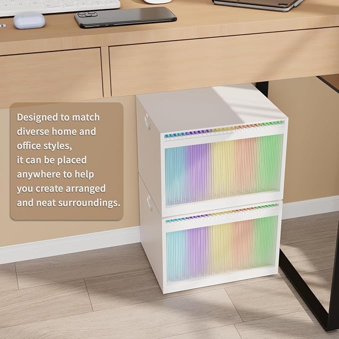 Bamboo Hanging File Organizer, Desktop File Box with Lids, 2 Pack, White | Removable Lid, Clear Acrylic Side Panels, 4 Hanging Folders Included, Helps Reduce Dust, Letter & Legal Size, Easy Assembly