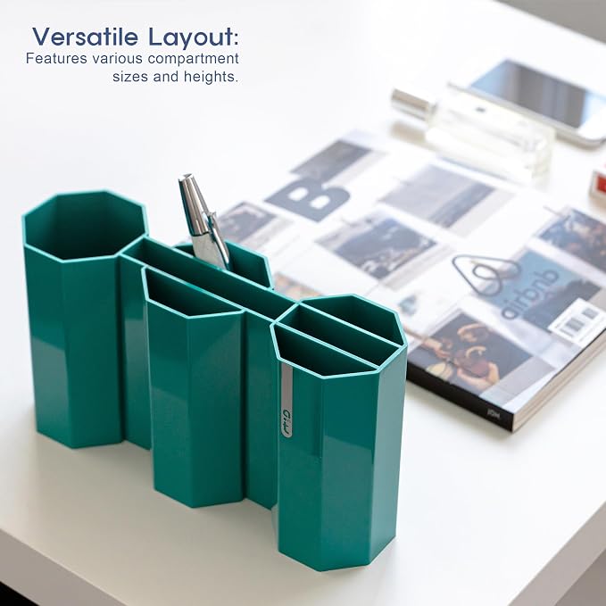 AonT Design Small Desk Organizer - Green Pen Tray & Holder (Multi-Compartment) (Made in Korea) – Modern Office Storage Supplies Organizer and Aesthetic Decor for Accessories