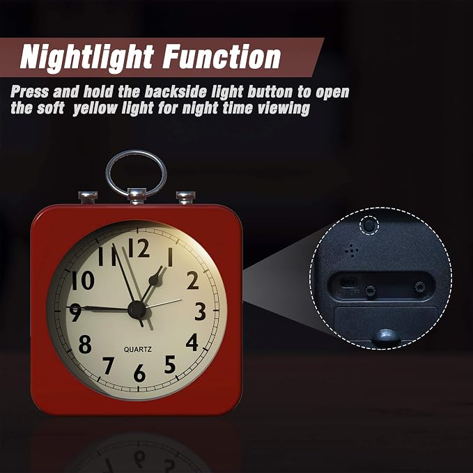 AYRELY® Small Metal Alarm Clock, Desk and Table Clock for Travel | Battery Operated Retro Silent Clock with Light for Bedroom, Bedside, Shelf and Living Room Decor (Red)