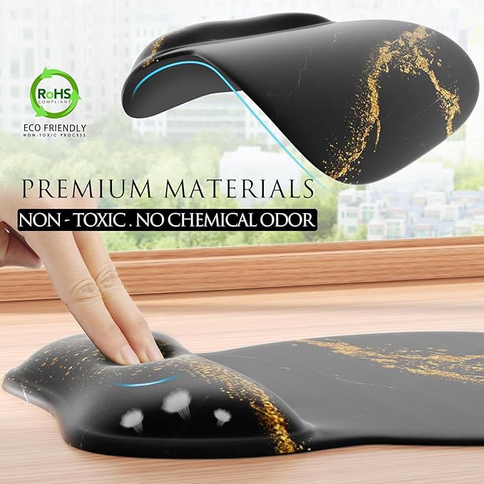MROCO Ergonomic Mouse Pad with Gel Wrist Rest, Smooth Wrist Support Surface, Non-Slip PU Base for Pain Relief, Comfortable Mousepad for Computer, Laptop, Office & Home, 9.4 x 8.1 in, Black Gold