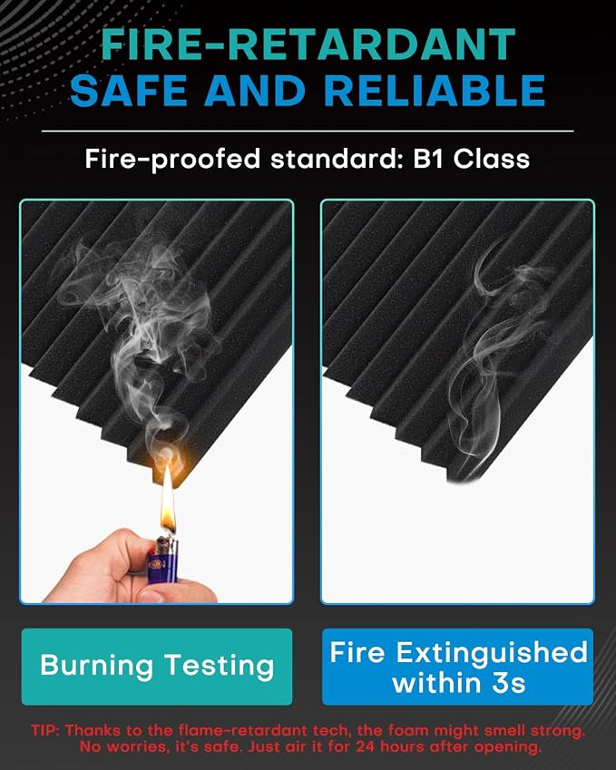 Knightsacoustic 24 Pack Sound Proof Foam Panels for Walls with Self Adhesive, 12x12x2 Acoustic Foam Panels, High Density Acoustic Panels Sound Absorbing, Fire Resistant Studio Sound Proofing Black