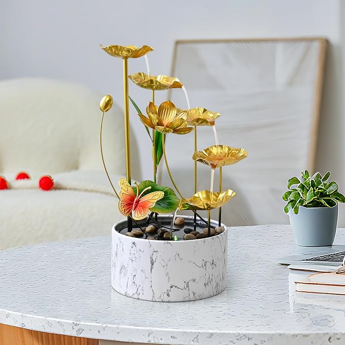 16'' H Large Indoor Water Fountain, Indoor Fountain Tabletop Metal Lotus Flower LED Light Zen Fountain, Small watefall
