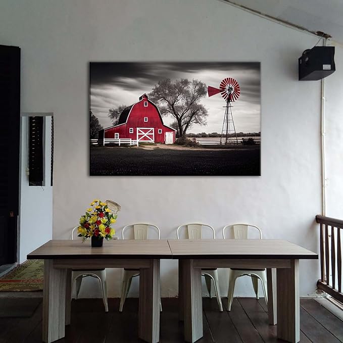 Country Barn Picture Wall Decor Rural Red Windmills Canvas Wall Art for Living Room Kitchen Retro Farmhouse Black and White Landscape Painting Rustic Western Posters Cabin Home Decorations 32x48"