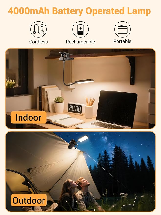Clip on Lamp,45 Modes Dimmable LED Desk Lamp with Clamp,4000mAh Battery Rechargeable Table Lamp,450LM Cordless & Wireless Desk Light,Portable Book Reading Light,Small Desk Lamps for Home Office/Dorm