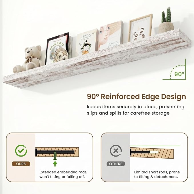 Marsmiles 55in Floating Shelves for Wall, 72" W x 9.25" D x 1.5" H, Long Wall Mounted Engineered Wood Shelves with Invisible Brackets for Living Room, Bedroom, Bathroom, Kitchen, Vintage White, 2Pcs