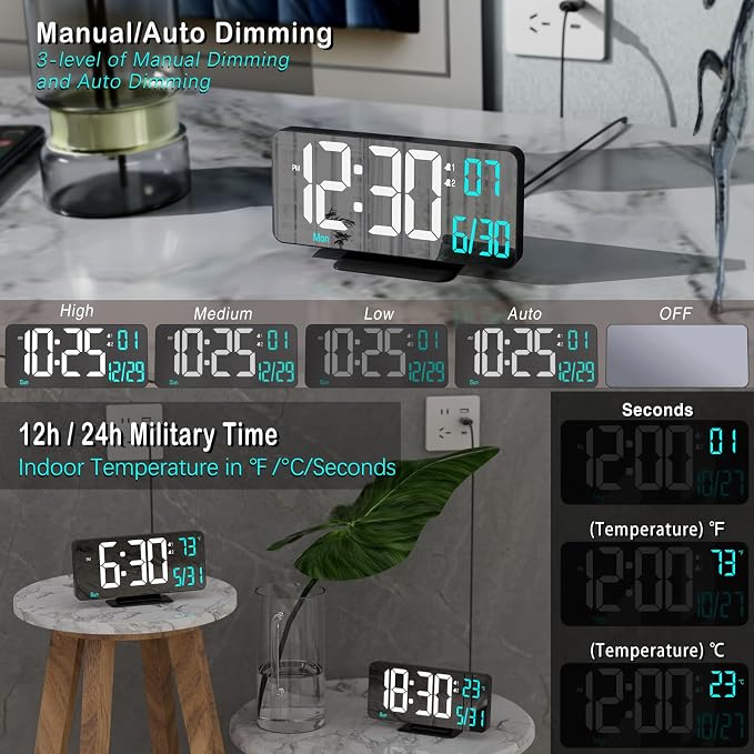 KOSUMOSU Digital Alarm Clock 6.7in Black Clock for Bedroom, Dual Alarm, Date, Seconds,Day of Week,12/24h,Dimming, Temp, Desk Clock, LED Clock for Living Room, Calendar Digital Clock