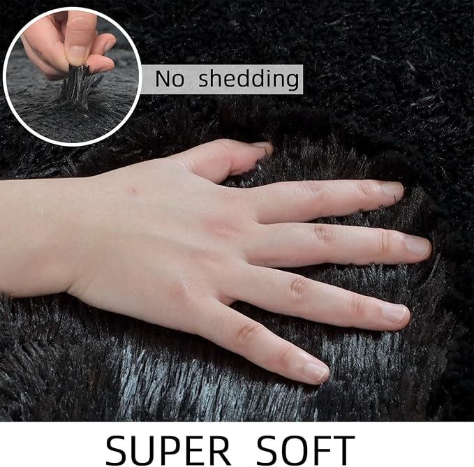 Shag Black Rug, 2x3 Area Rugs for Bedroom Bedside, Ultra-Soft Fluffy Fuzzy Plush Shaggy Furry Rugs for Kids Room, Boys Girls Room, Dorm, Easy Clean Modern Small Carpet