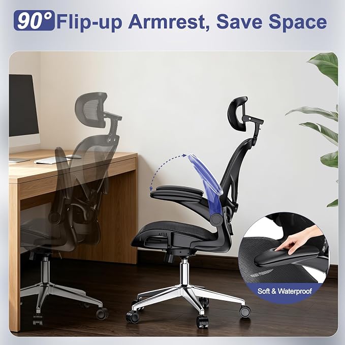 naspaluro Home Office Chair with Flip-up Armrests Adjustable Headrest Lumbar Support, Mesh Desk Chair 90-120°Rocking Chairs for Home Office, Study, Work & Gaming, Black