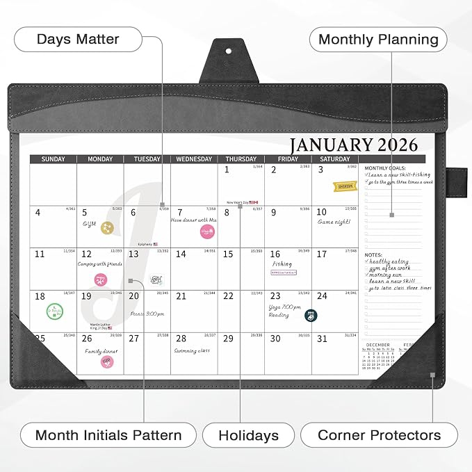 Ospelelf Leather Desk Calendar 2026-2027 with Storage Pocket Protective Cover Large 12"x17" Monthly Planner Pad 18 Months January 2026 - June 2027 Black