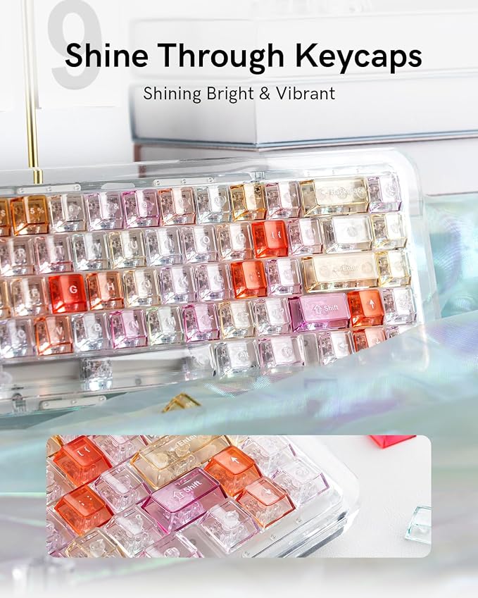 Keymatic Cherry Profile PC Transparent Keycaps, 123 Keys Dye-Sublimation Custom Keyboard Keycaps Shine Through Cute Rainbow Key Cap Set for Cherry MX Swithes Mechanical Keyboard(Only Keycap Set)