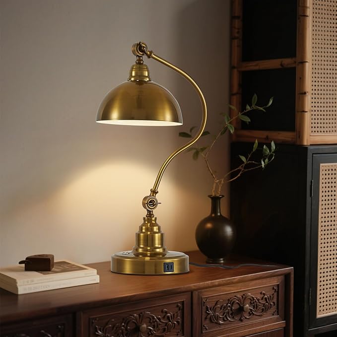 Antique Gold Vintage Desk Lamp Decorative Table Lamp for Home Office Living Room Bedroom Desk Light, Rustic Industrial Farmhouse Antique Library Study Desk Lamp E26 LED Bulb Included