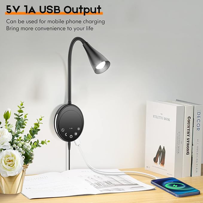 SANKEDOU LED Wall Mount Reading Light, Bedside Reading Lights with Touch Control, 5 Dimmable, USB Output, Night Light & Timers, Flexible Gooseneck Headboard Bed Lights Wall Sconce