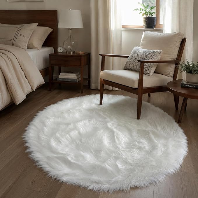 EasyJoy Faux Sheepskin Rug, Fluffy Faux Fur Rug, Ultra Soft Shag Area Rug with Non-Slip Backing for Bedroom, Living Room, Nursery, Kids Room(4 x 4 ft Round, White)