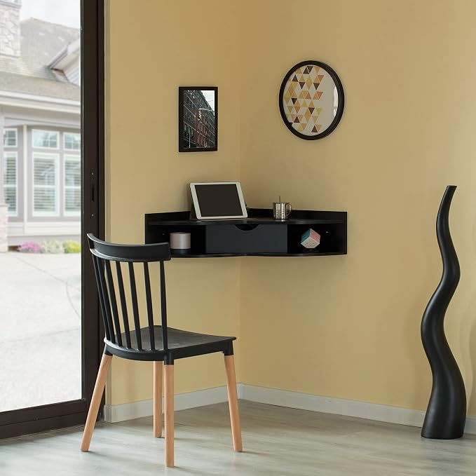 Basicwise Black Heart Shaped Wall Mounted Office Table with Drawer and Two Shelves Computer Writing Corner Desk QI004024.BN