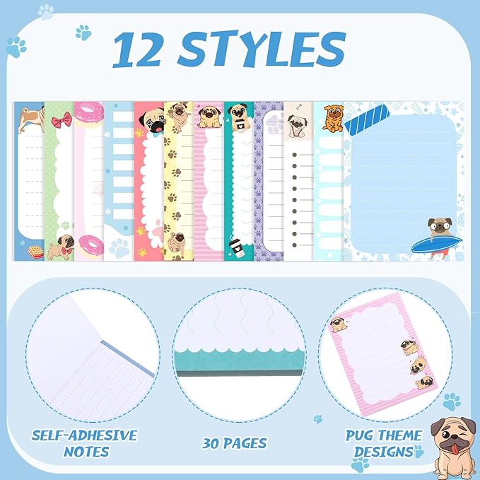 12 Pieces Pug Puppies Sticky to Do List Dog Sticky Notes Puppy Lover Gifts 3 x 4 Inch Adhesive Notepad for Memo Reminder Journal Studying Home Gift Office Decor Accessories