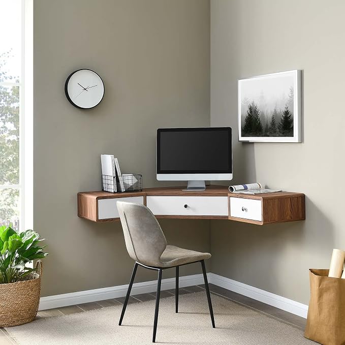 Modway EEI-5862-WAL-WHI Transmit 47" Wall Mount Corner Walnut Office Desk, Walnut White
