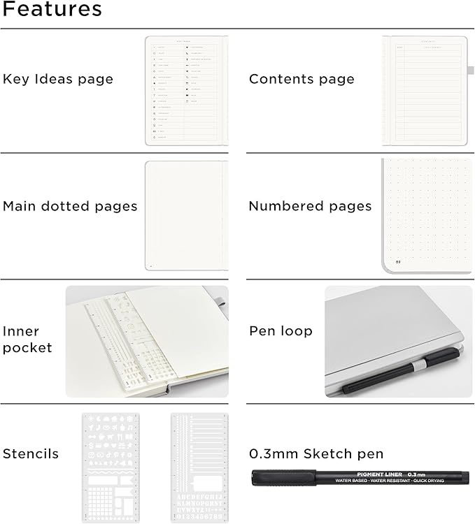 &And Per Se A5 Hardcover Dotted Notebook Kit for Beginners – 176 Numbered Pages, 100gsm Thick Paper, Includes Stencils & Fineliner Pen | Leather Bullet Journal with Templates, Lay Flat Design, Premium Gift for Women Men (Grey)