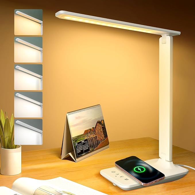 LED Desk Lamp Dimmable Table Lamp with USB Charging Port, 5 Lighting Modes, Sensitive Control, Foldable Portable Desk Light for Home Office Bedroom Reading (White-Pro, Standard Size - 13.3 inch)