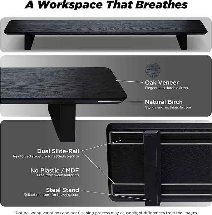 Moodular Wooden Monitor Stand Desk Organizer, Large 45.6" Black | Customizable Organized Workspace, Aluminum Slide Rails, 10 Add-Ons Sold Separately: Storage Drawer, Tablet, Phone & More