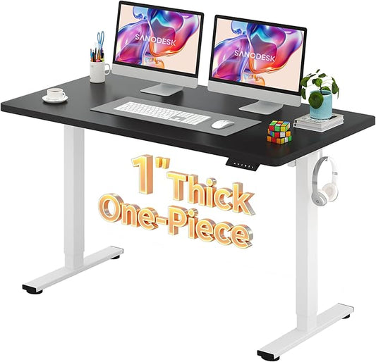 SANODESK Electric Standing Desk 55 x 28 Inches Whole-Piece Desktop Height Adjustable Stand Up Desk w/6-Button Controller Ergonomic Computer Desk for Home Office, White Frame + Black Tabletop