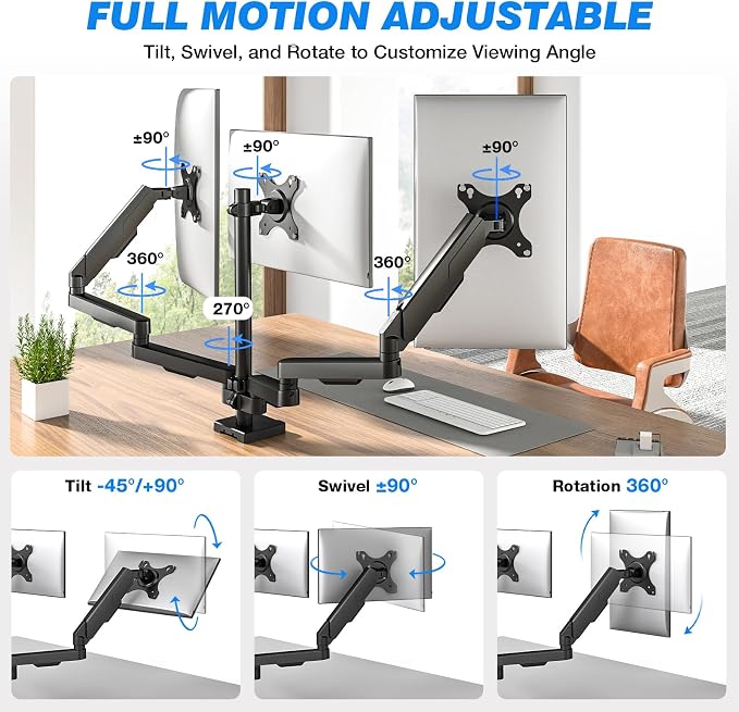 Triple Monitor Mount for 17-32" Screens, VESA 75/100mm | Holds up to 19.8lbs per Arm. Full Motion Tilt, Swivel, 360 Rotation, Extra Tall Pole, C-clamp/Grommet Base.