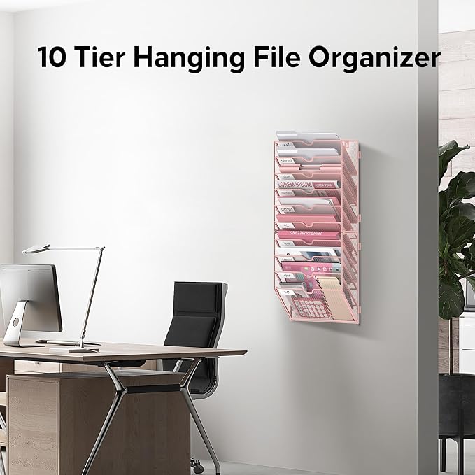 10 Tier Wall File Organizer Office Hanging Mail Holder Wall Mounted, Mesh Paper Document Organizer for Office Home School, Pink