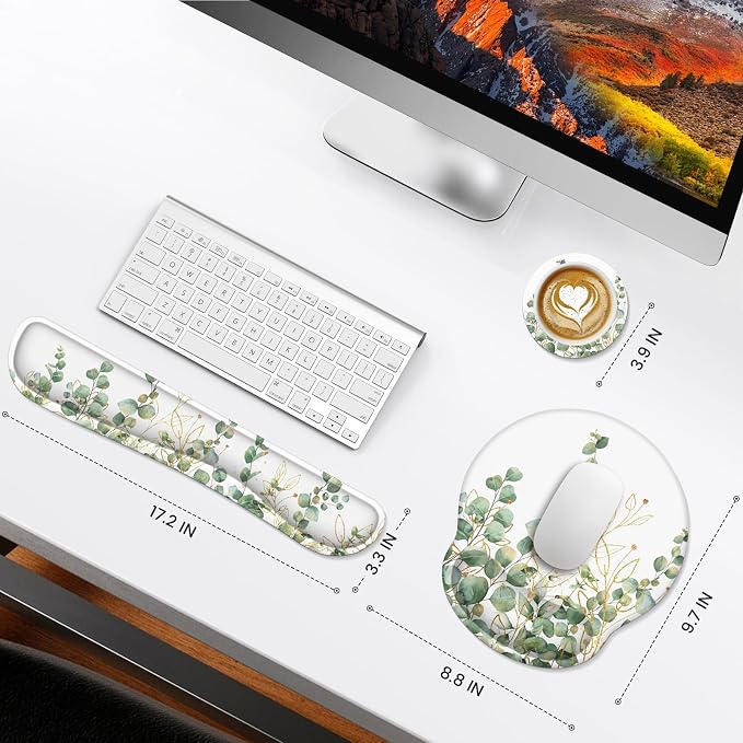 iLeadon Mouse Pad with Wrist Rest Set, Ergonomic Mousepad with Wrist Support, Easy Typing & Pain Relief, Keyboard Wrist Rest and Mouse Pad Set with Non-Slip Base for Computer Home, Eucalyptus, 3 PCS