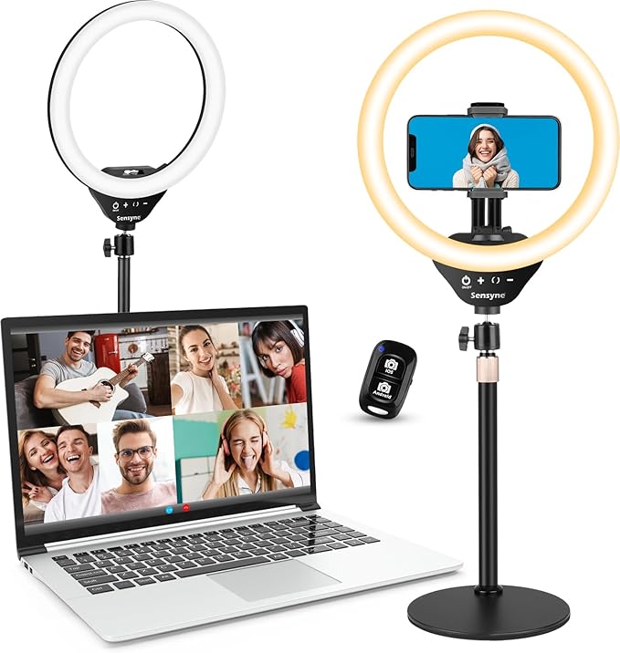 sensyne 10” Desk Ring Light with Stand & Phone Holder for Computer, LED Selfie Ring Light for Phone Photography, Webcam Light for Laptop/Video Conference Lighting/Makeup/Live Streaming, Black
