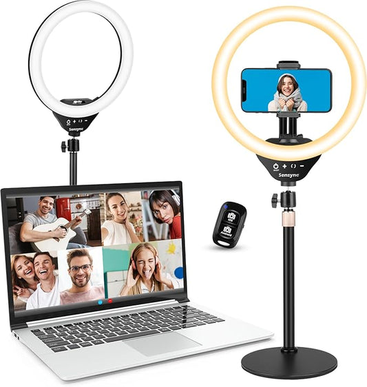 sensyne 10” Desk Ring Light with Stand & Phone Holder for Computer, LED Selfie Ring Light for Phone Photography, Webcam Light for Laptop/Video Conference Lighting/Makeup/Live Streaming, Black