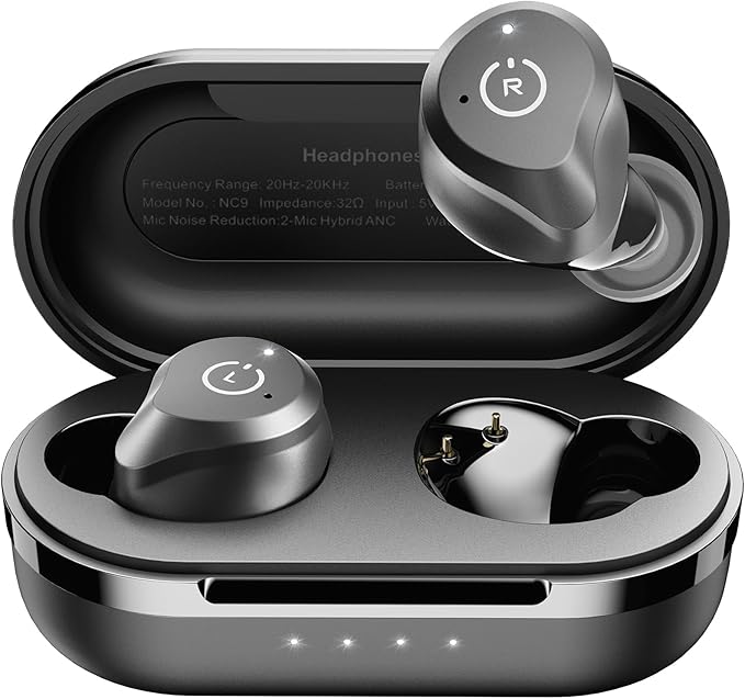 TOZO NC9 Hybrid Active Noise Cancelling Wireless Earbuds, in Ear Headphones IPX6 Waterproof Bluetooth 5.3 Stereo Earphones, Immersive Sound Premium Deep Bass Headset Matte Black.
